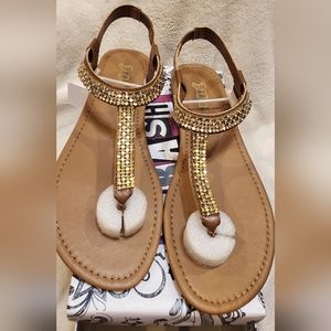 NWT BRASH JEWELED EMBELLISHED SLINGBACK FLAT SANDALS - TAN/NEUTRAL